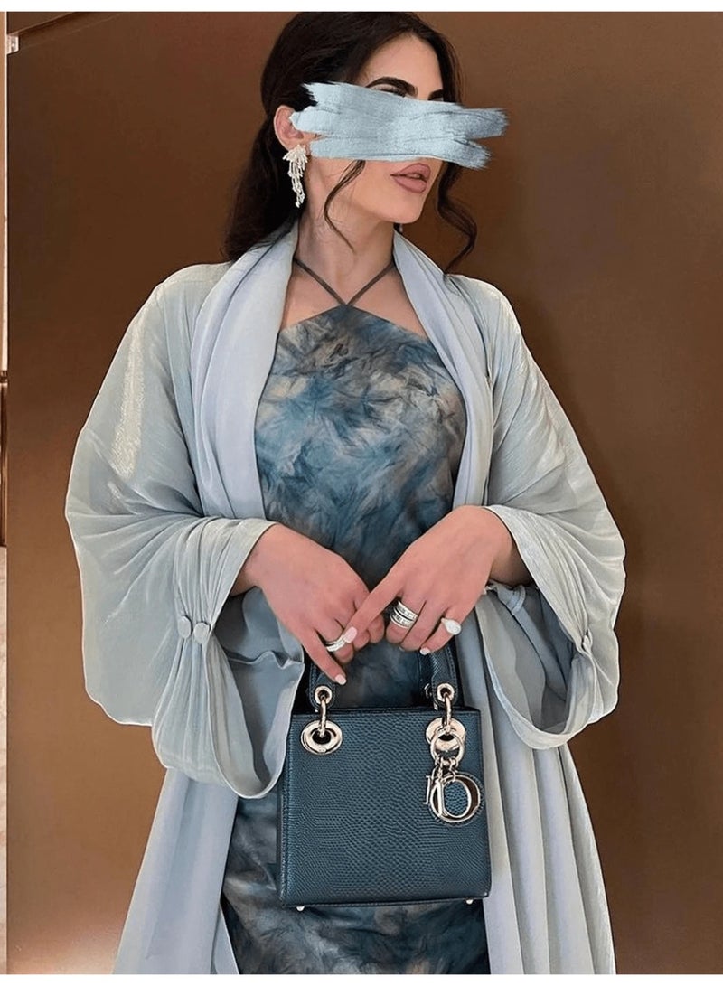 KHAJUL Women's Open Front Abaya, Shiny Lurex Fabric Long Modest Robe, Flowy Solid Color Full Length Dress, for Ramadan, Eid Al-Adha, Party Fits Height 165-170 CM, Green - Image 3